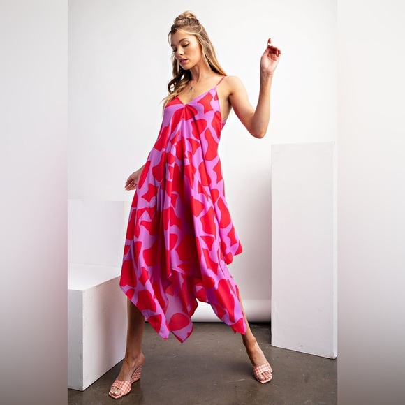 Easel Geo Print Sharkbite Woven Dress Sz S Asymmetrical Tie Waist Midi Dress - Picture 2 of 11